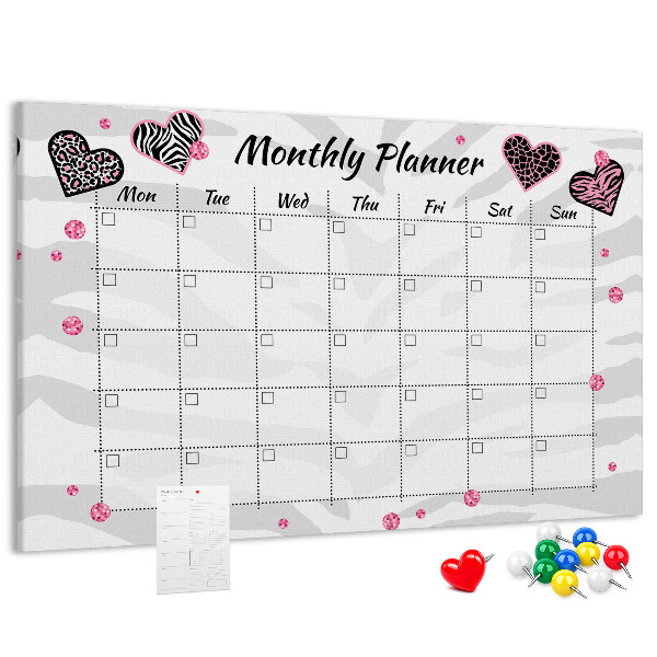 Tablero de anuncios planificador mensual con diseño de corazones y patrones