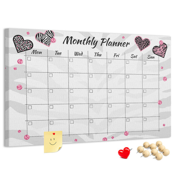 Tablero de anuncios planificador mensual con diseño de corazones y patrones