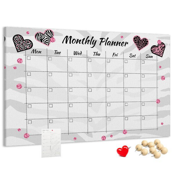 Tablero de anuncios planificador mensual con diseño de corazones y patrones