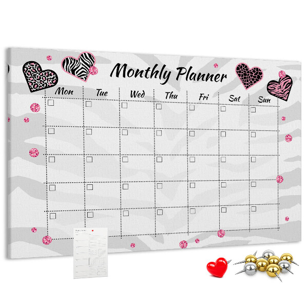 Tablero de anuncios planificador mensual con diseño de corazones y patrones