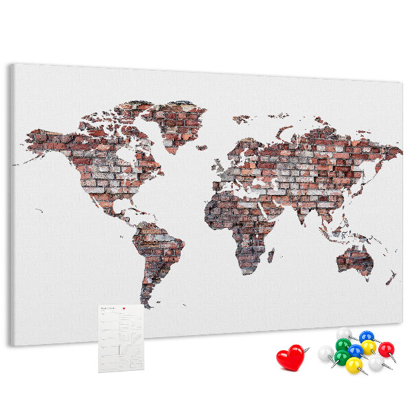 Tablero de anuncios mapamundi con fondo de pared de ladrillos