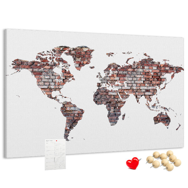 Tablero de anuncios mapamundi con fondo de pared de ladrillos