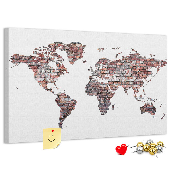 Tablero de anuncios mapamundi con fondo de pared de ladrillos