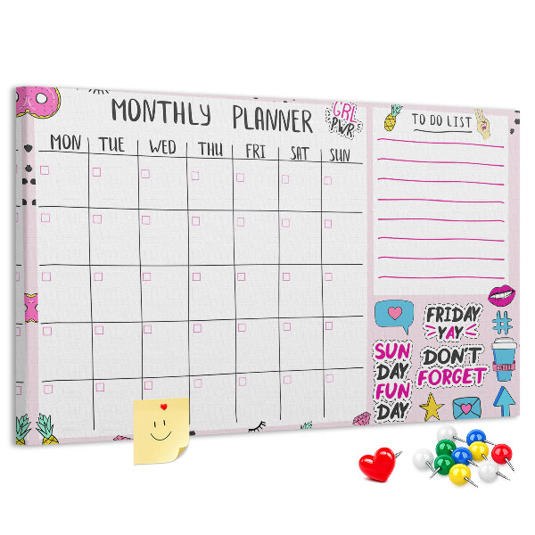 Tablero de corcho decorativo agenda mensual con motivos coloridos