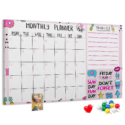 Tablero de corcho decorativo agenda mensual con motivos coloridos