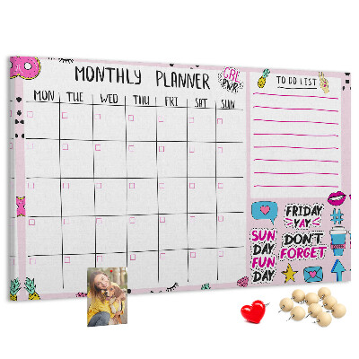Tablero de corcho decorativo agenda mensual con motivos coloridos