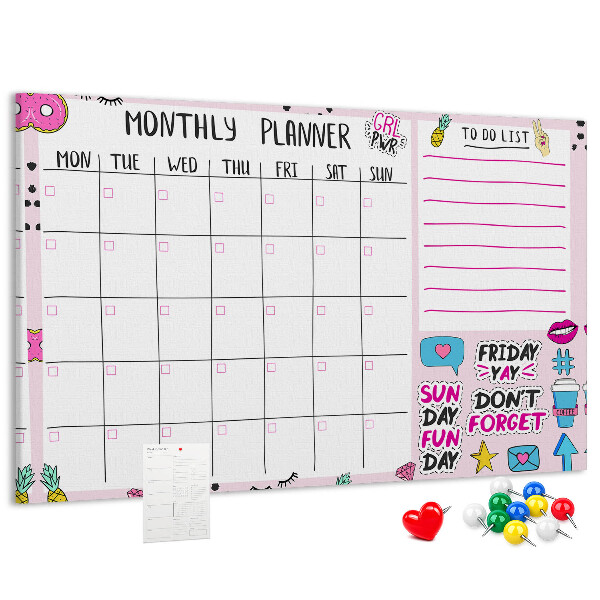 Tablero de corcho decorativo agenda mensual con motivos coloridos