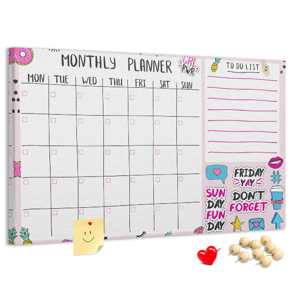 Tablero de corcho decorativo agenda mensual con motivos coloridos