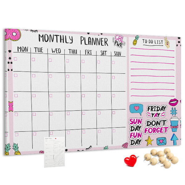 Tablero de corcho decorativo agenda mensual con motivos coloridos