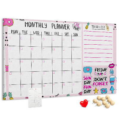 Tablero de corcho decorativo agenda mensual con motivos coloridos