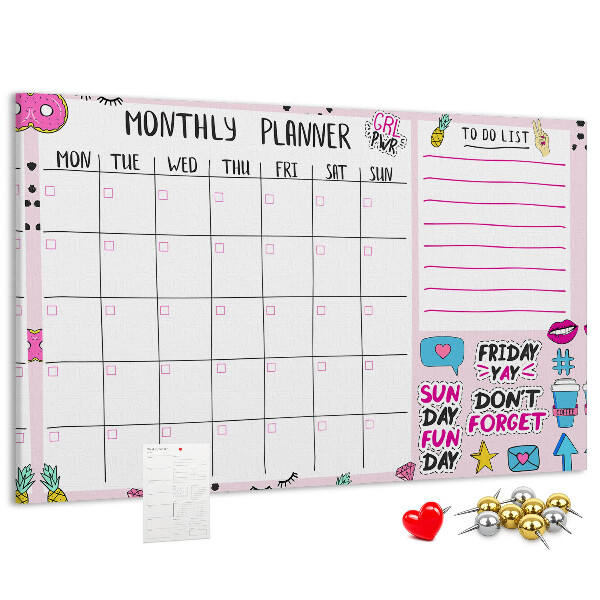 Tablero de corcho decorativo agenda mensual con motivos coloridos
