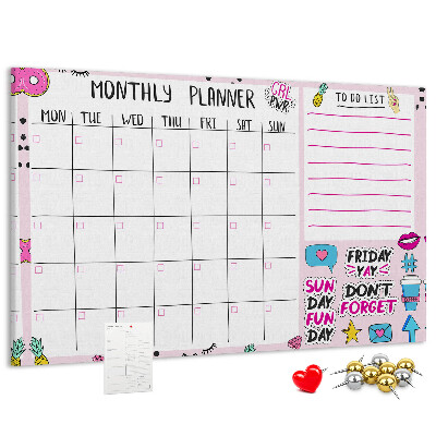 Tablero de corcho decorativo agenda mensual con motivos coloridos