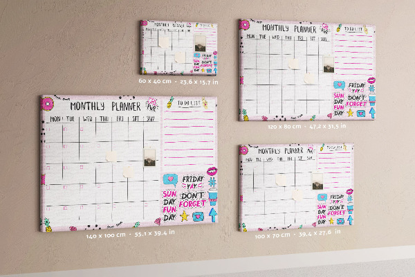 Tablero de corcho decorativo agenda mensual con motivos coloridos