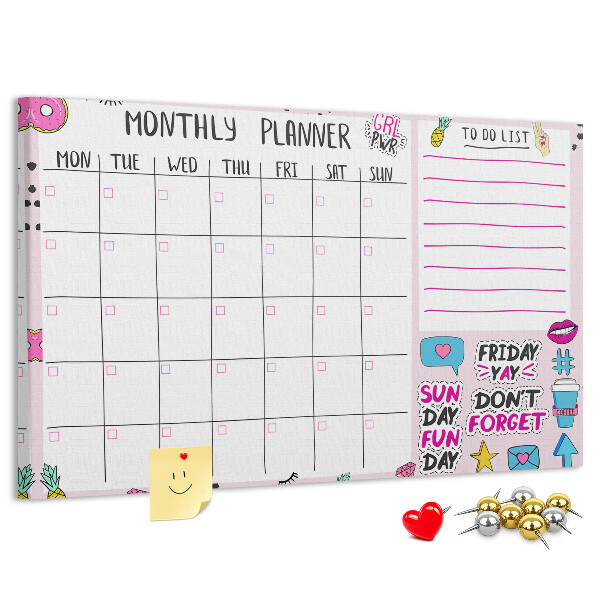Tablero de corcho decorativo agenda mensual con motivos coloridos