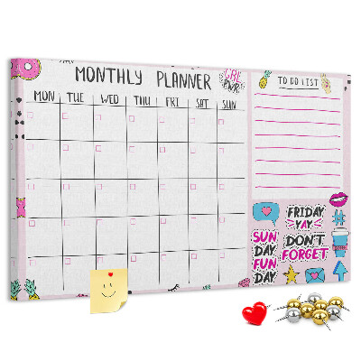 Tablero de corcho decorativo agenda mensual con motivos coloridos