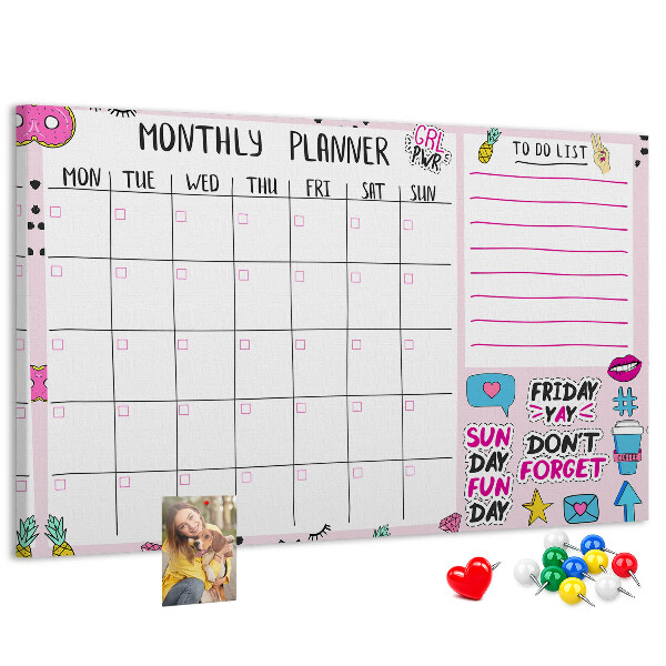 Tablero de corcho decorativo agenda mensual con motivos coloridos
