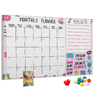 Tablero de corcho decorativo agenda mensual con motivos coloridos
