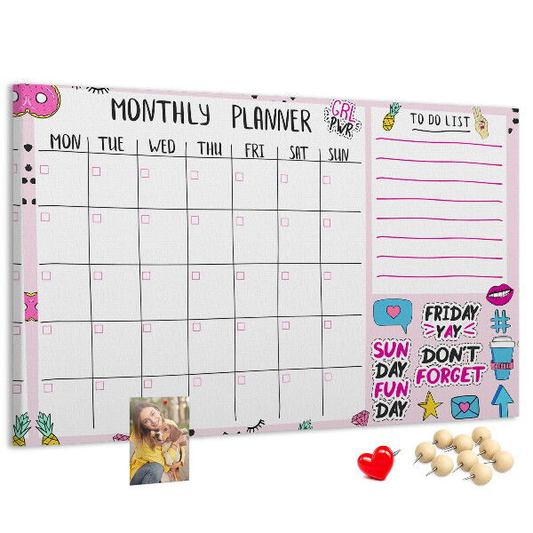 Tablero de corcho decorativo agenda mensual con motivos coloridos