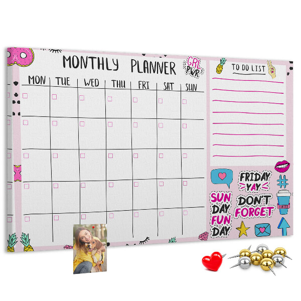 Tablero de corcho decorativo agenda mensual con motivos coloridos