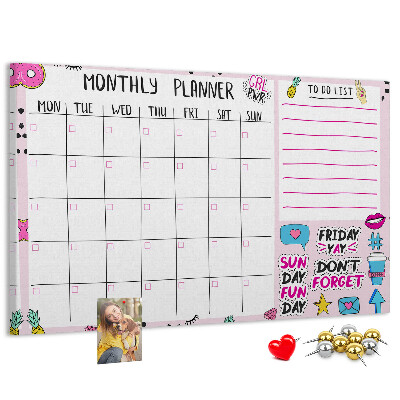 Tablero de corcho decorativo agenda mensual con motivos coloridos