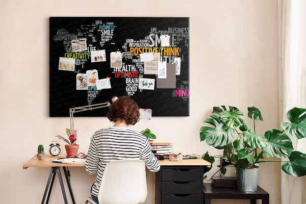 Tablero de corcho decorativo con diseño de mapa del mundo y lemas motivacionales