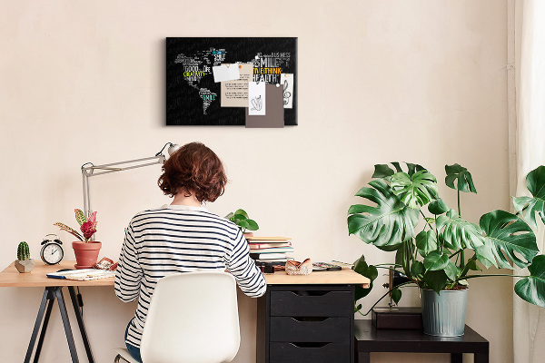 Tablero de corcho decorativo con diseño de mapa del mundo y lemas motivacionales