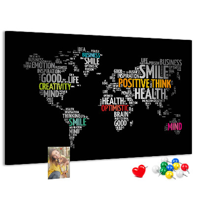Tablero de corcho decorativo con diseño de mapa del mundo y lemas motivacionales