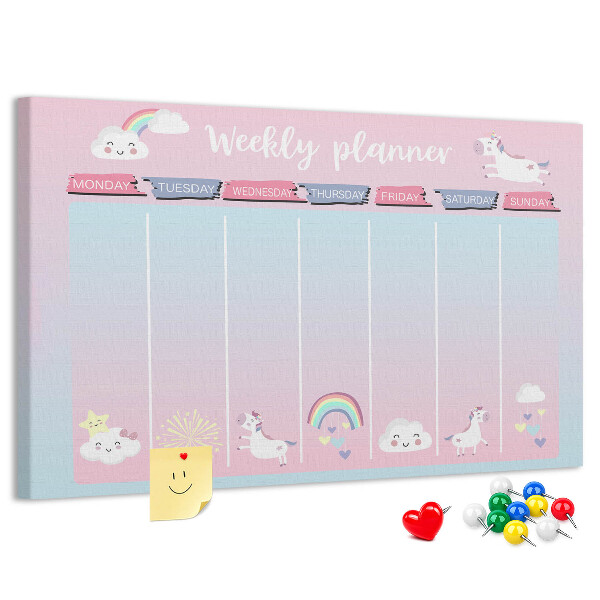 Tablero de anuncios agenda semanal con diseño de unicornios coloridos