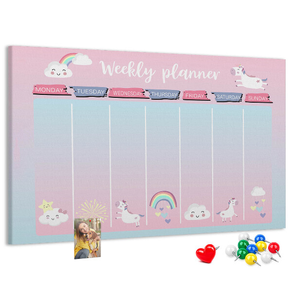 Tablero de anuncios agenda semanal con diseño de unicornios coloridos