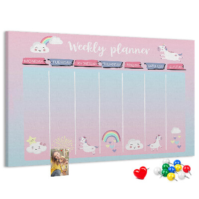 Tablero de anuncios agenda semanal con diseño de unicornios coloridos