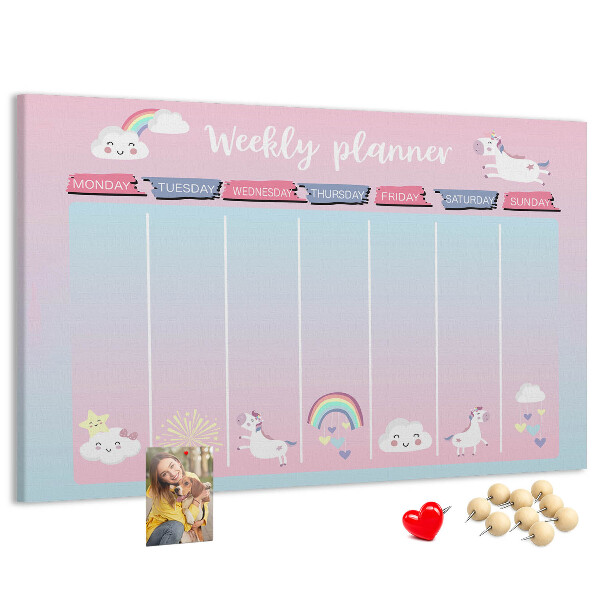 Tablero de anuncios agenda semanal con diseño de unicornios coloridos