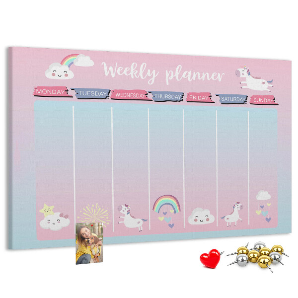 Tablero de anuncios agenda semanal con diseño de unicornios coloridos