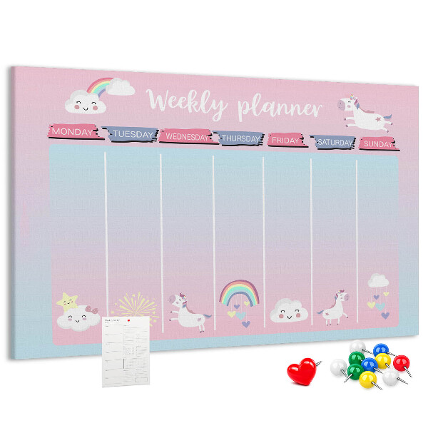 Tablero de anuncios agenda semanal con diseño de unicornios coloridos