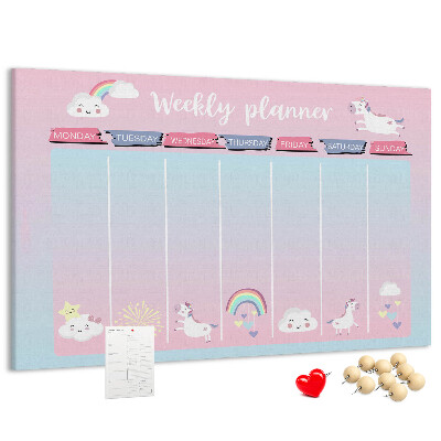 Tablero de anuncios agenda semanal con diseño de unicornios coloridos