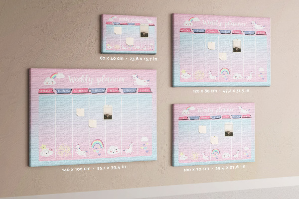 Tablero de anuncios agenda semanal con diseño de unicornios coloridos
