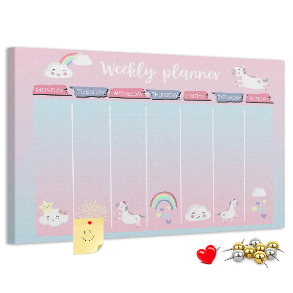 Tablero de anuncios agenda semanal con diseño de unicornios coloridos