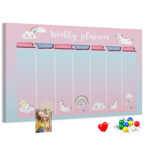 Tablero de anuncios agenda semanal con diseño de unicornios coloridos