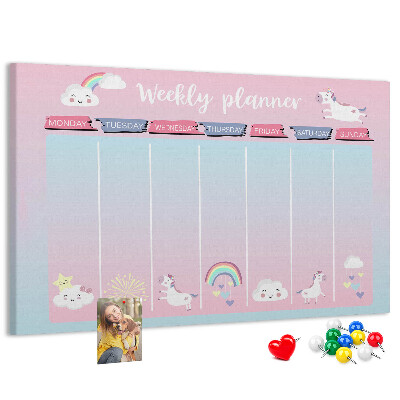 Tablero de anuncios agenda semanal con diseño de unicornios coloridos