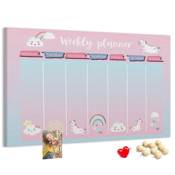 Tablero de anuncios agenda semanal con diseño de unicornios coloridos
