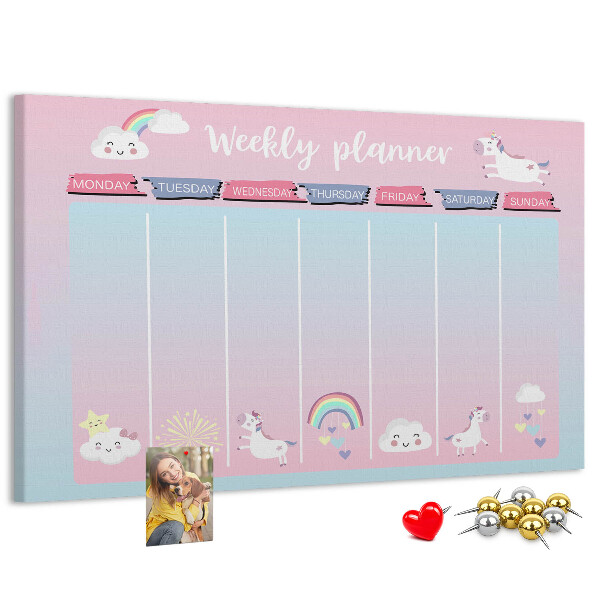 Tablero de anuncios agenda semanal con diseño de unicornios coloridos