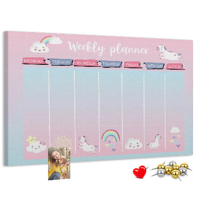 Tablero de anuncios agenda semanal con diseño de unicornios coloridos
