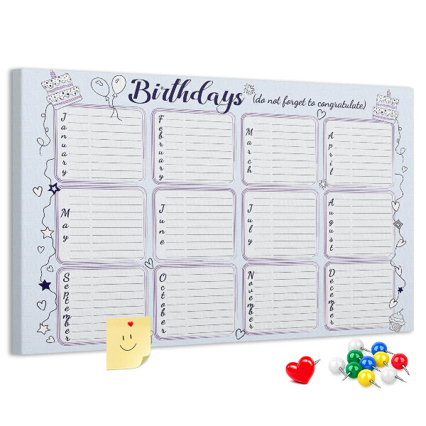 Pizarra de corcho calendario de cumpleaños con detalles coloridos