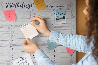 Pizarra de corcho calendario de cumpleaños con detalles coloridos