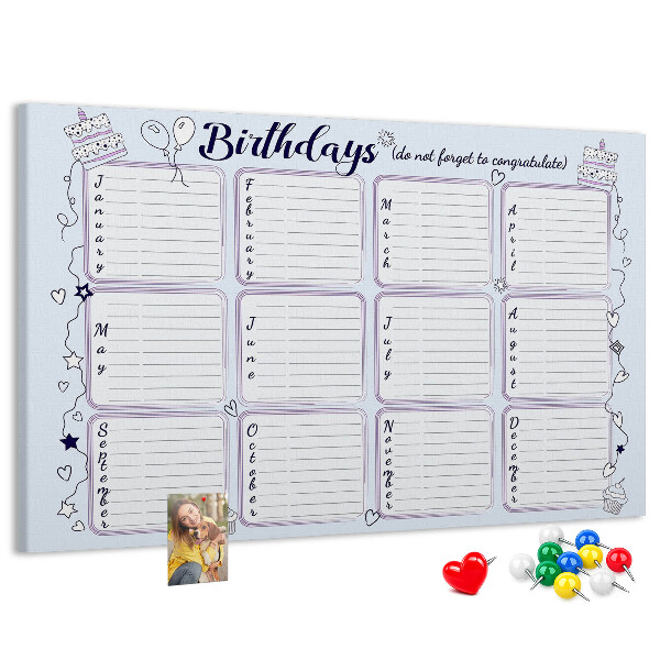 Pizarra de corcho calendario de cumpleaños con detalles coloridos