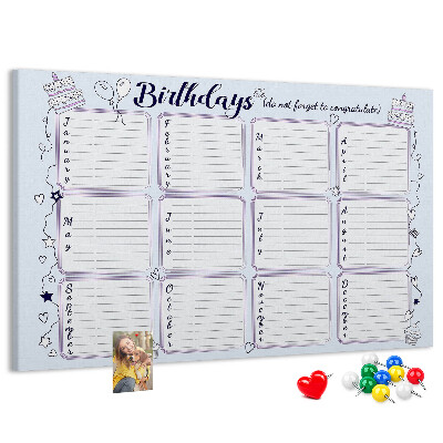Pizarra de corcho calendario de cumpleaños con detalles coloridos