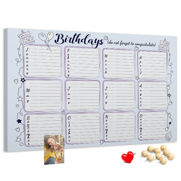 Pizarra de corcho calendario de cumpleaños con detalles coloridos