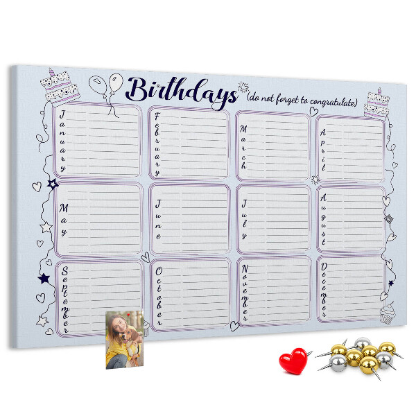 Pizarra de corcho calendario de cumpleaños con detalles coloridos