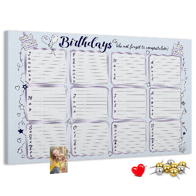 Pizarra de corcho calendario de cumpleaños con detalles coloridos