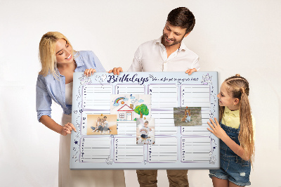 Pizarra de corcho calendario de cumpleaños con detalles coloridos
