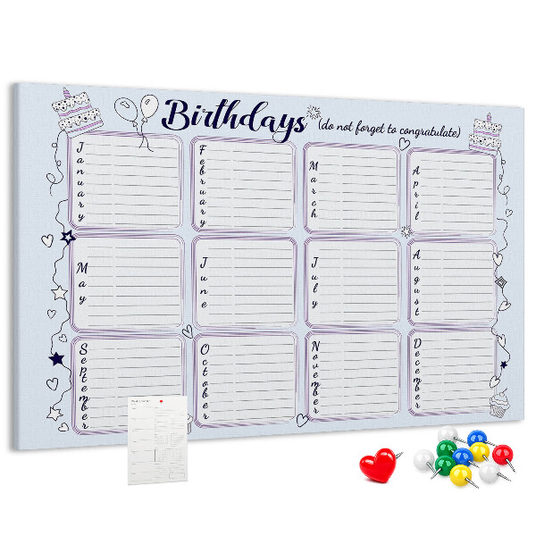 Pizarra de corcho calendario de cumpleaños con detalles coloridos